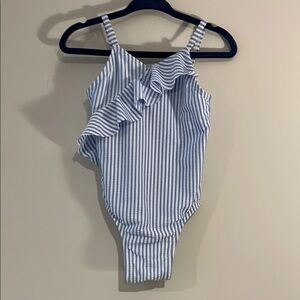 OLD NAVY Toddler 2T Ruffled Swimsuit Blue White Striped One Piece Seersucker EUC
